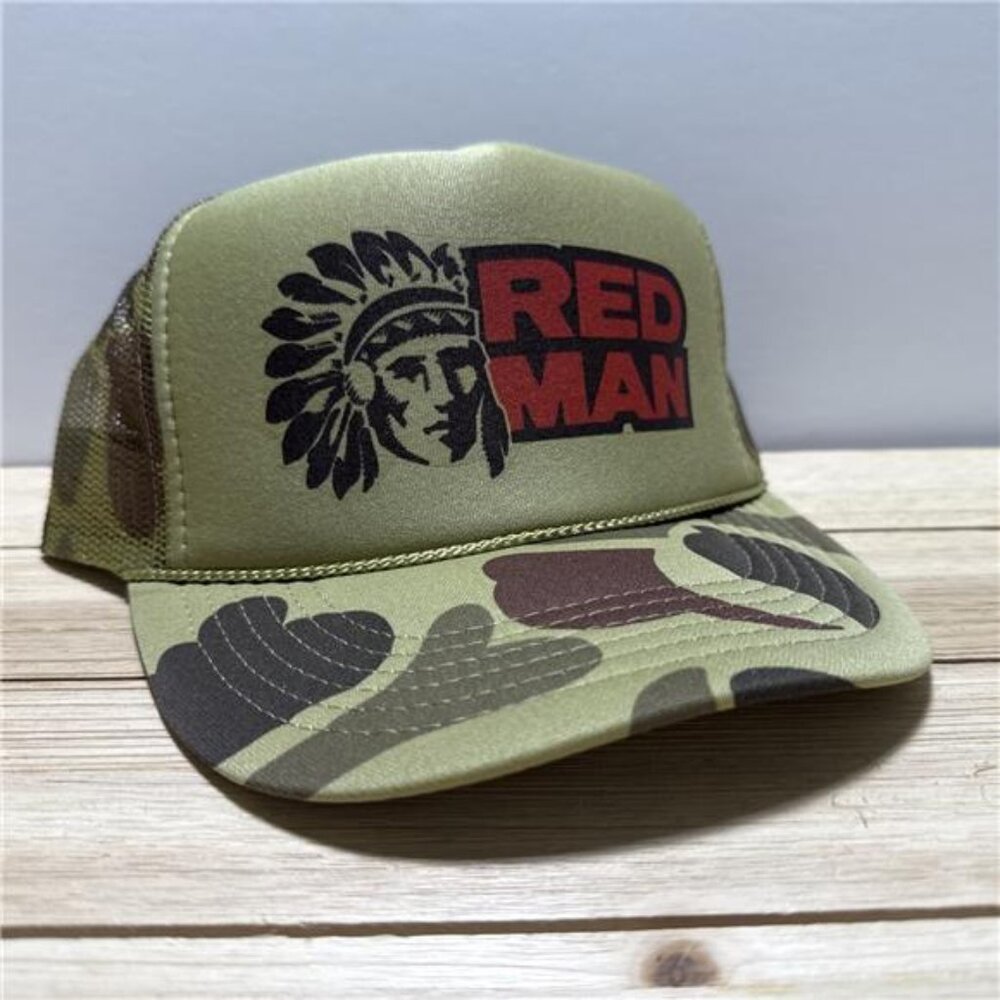 Retro Vintage Style Red Man Chew Chaw Hat Trucker Adjustable Green Camo Hunt Cap